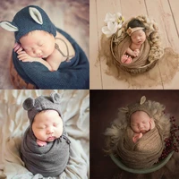 newborn knitted stretch wraphat set crochet blanket bonnet baby photography props infants photo shooting accessories