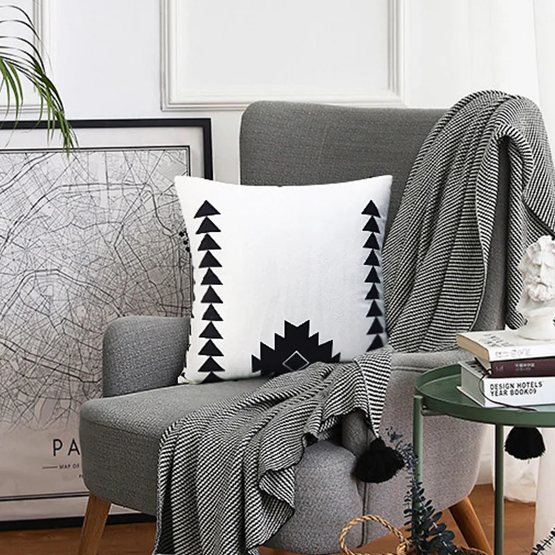 Наволочка в скандинавском стиле черная серая Геометрическая наволочка льняная