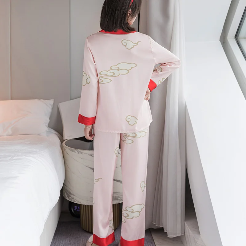 

Women Sleepwear Satin Intimate Lingerie Nightgown Pyjamas Home Wear Pajamas Suit Print Nightwear Casual 2PCS Pijamas Set