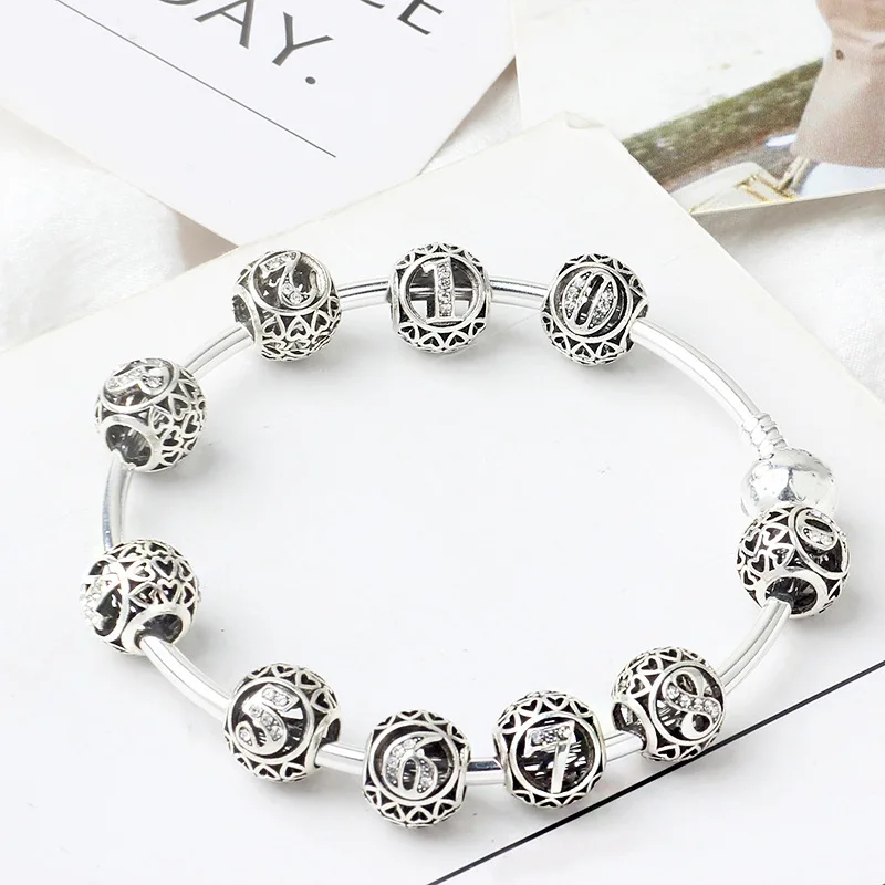number 0-9 charms round bead pendant jewelry fit original pandora bracelet diy bangle &amp necklace accessories for women gift | Украшения