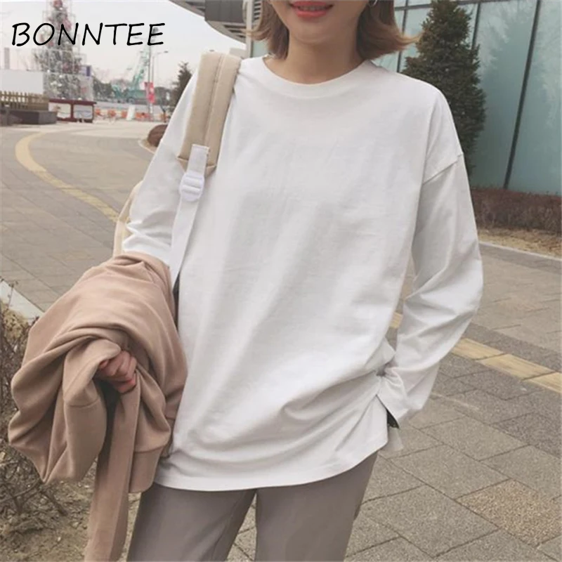 Женская свободная футболка с длинным рукавом повседневная Однотонная круглым