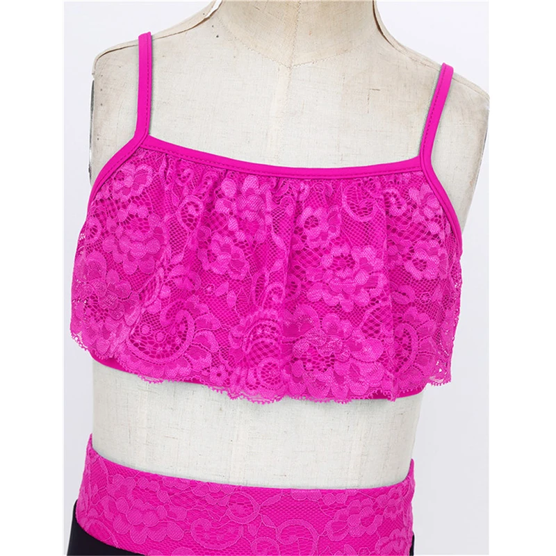 Children Sportswear 2PCS Kids Lace Floral Spaghetti Straps Crop Tops Bottoms Suits Girls Workout Tankini Swim Dance Outfit |