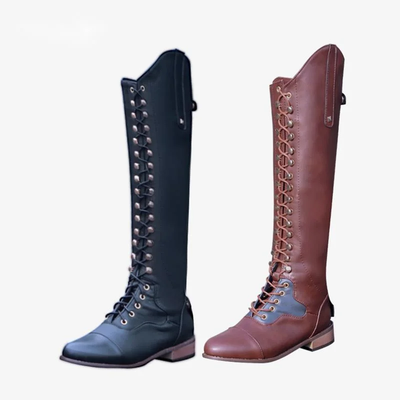 Jual Sepatu Bot Wanita Kulit Barat Sepatu Bot Tinggi Lutut Musim Gugur Berkendara Baru Sepatu Wanita Mode Berenda Coklat Hitam Sepatu Bot Panjang Hak Rendah 2021