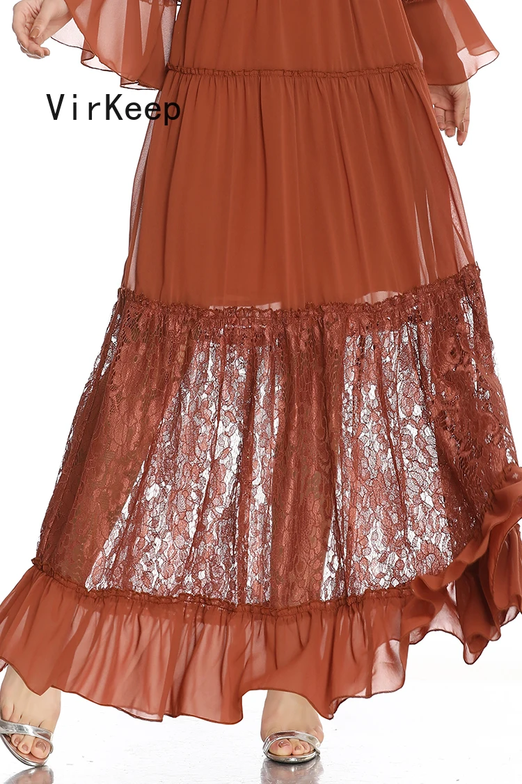 

2021 women lace splicing chiffon solid maxi dress flare full sleeve fashion dubai muslim abaya ramadan kaftan robe VKDR2478