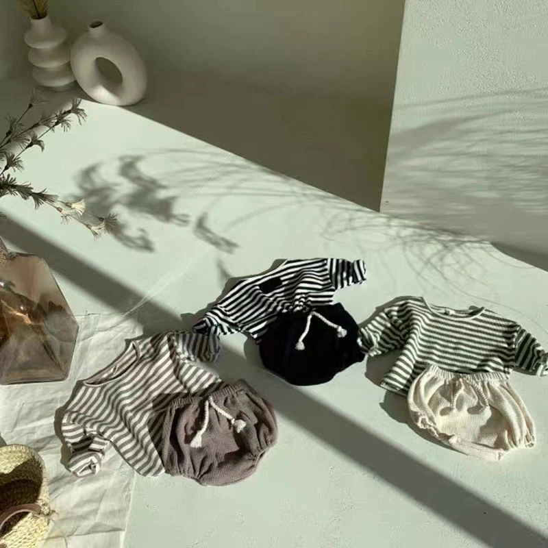 

MILANCEL Baby Clothing Set O-Neck Long Sleeve Waffle Striped Baby Boy Clothes Suits