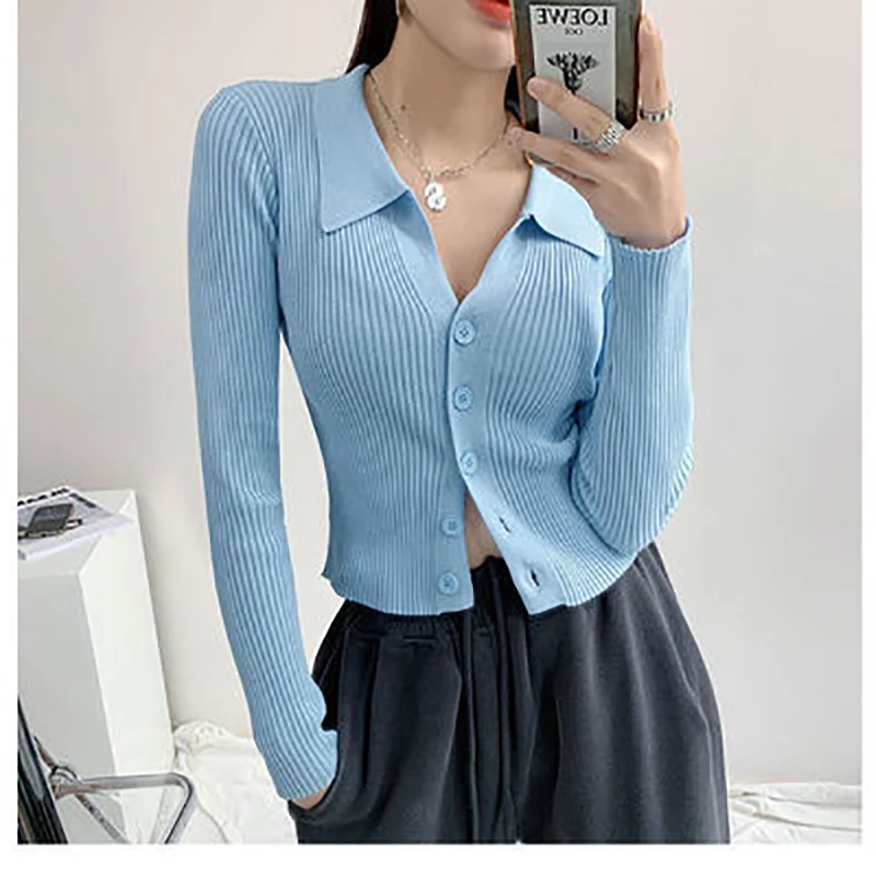 Ladie Sweater Lapel Slim SlimTop Buttons Sexy V-Neck Long Sleeve Cardigan Fashionable New Commuter 2021 Winter Personali Sweater