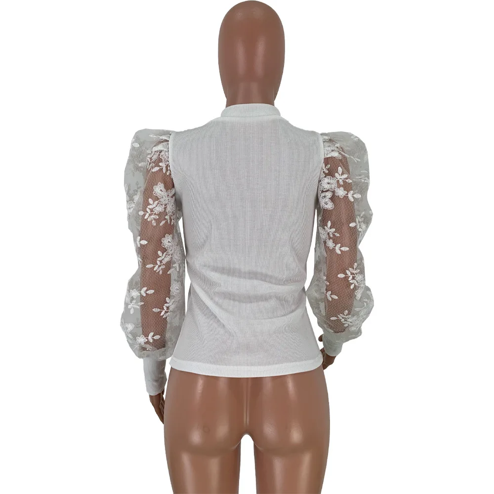 Женская блузка с кружевом однотонная повседневная офисная круглым вырезом