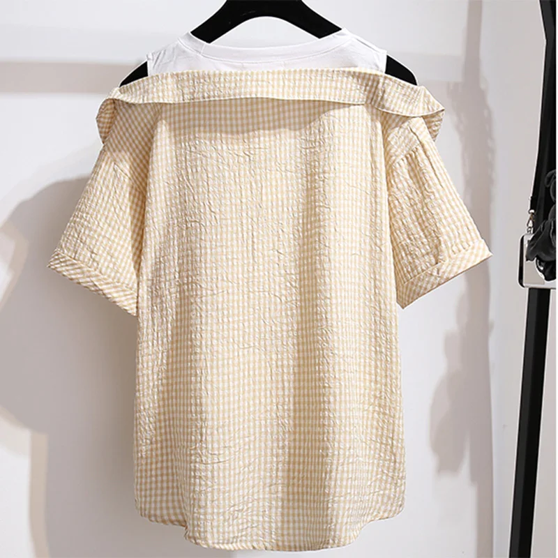 Женский летний комплект из 2 предметов Корейская рубашка в клетку с открытыми