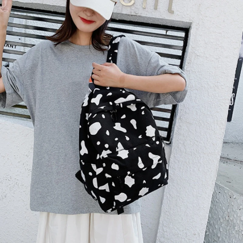 

Women Canvas Backpack Cow Milk Print Students Girls Daily Shoulder School Bag