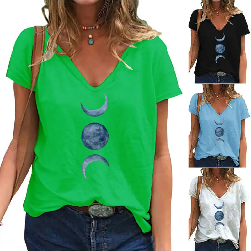 

Womens Summer Casual Loose V-Neck Three Moons Print T-Shirt Short Sleeve Top