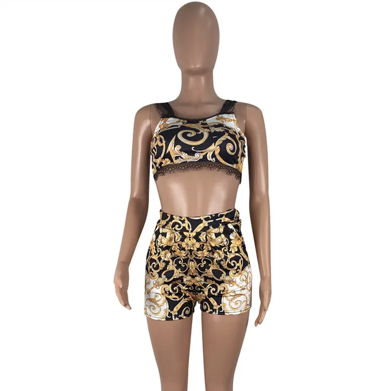 

Luxury Print 2 Piece Set Tracksuit Women Lace Trim Crop Top and Shorts Sexy Festival Two Pieces Outfits Club Party Matching Sets