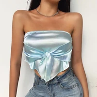 summer cool soft rayon front tie bow with tube top chest pocket ladies pleated elastic strapless vest straight club street vest