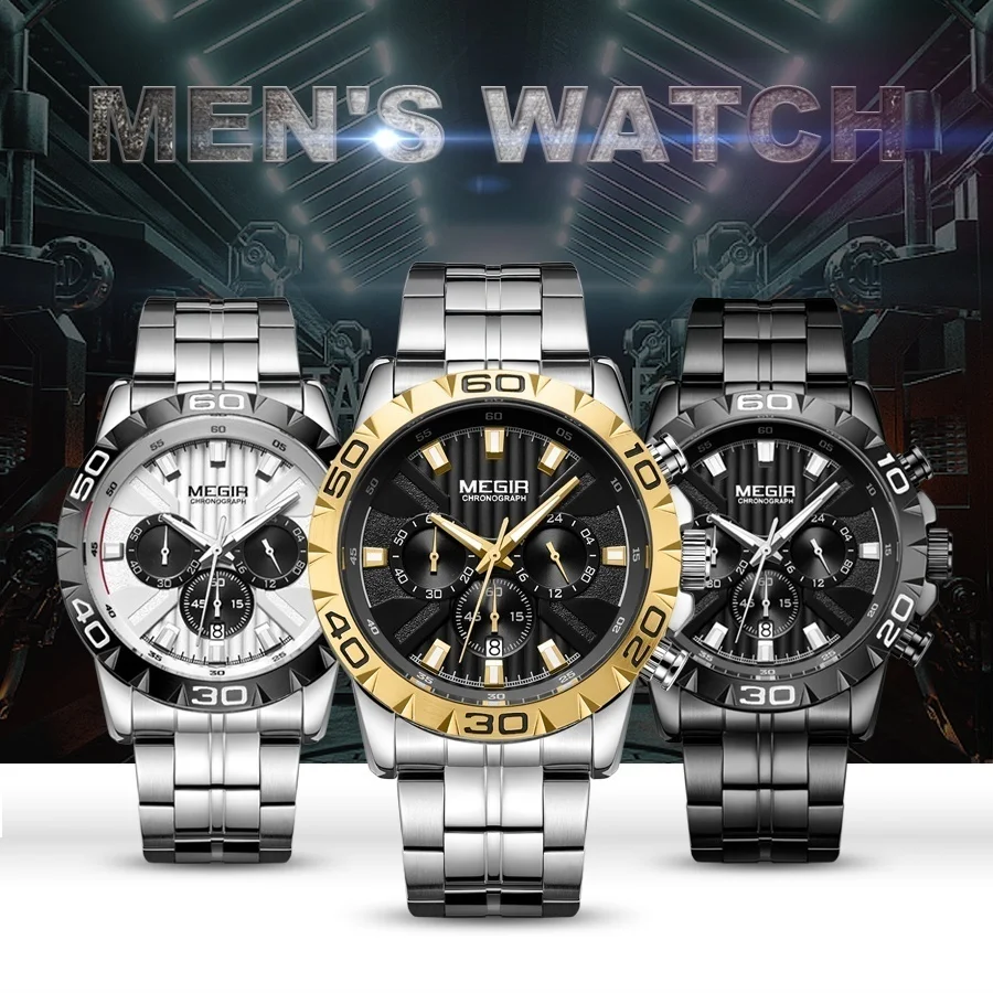 Часы наручные Megir Мужские кварцевые с хронографом брендовые Роскошные
