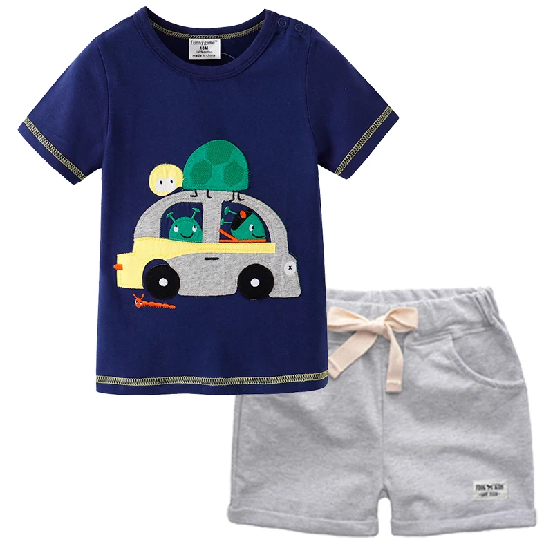BINIDUCKLING Cartoon Car Design Kids Boys Clothes Set 2PCS Short-Sleeves T-Shirt+Shorts Outfit For Children Clothing |