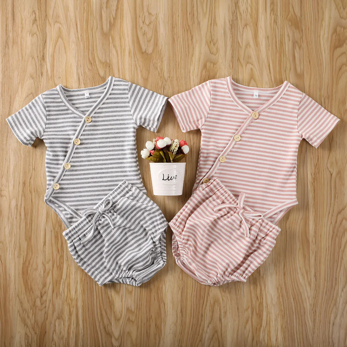 

Summer Baby Boys Girls Cotton Knitted Ribbed Clothing Striped Ribbed Romper Tops Shorts Pants Sunsuit
