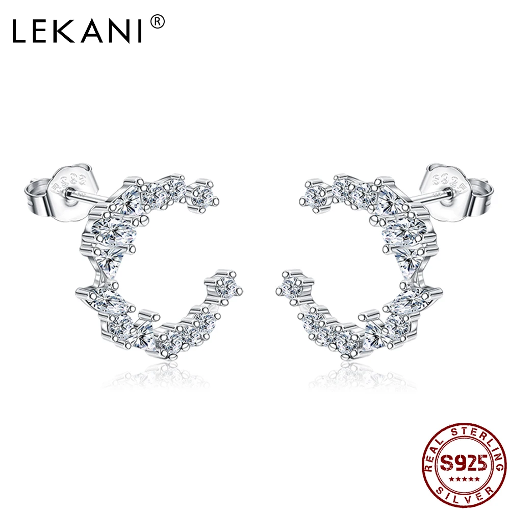 

LEKANI 925 Sterling Silver Shining Moon Earrings For Women Trendy Cubic Zirconia Earrings Stud Romantic Engagement Jewelry Best