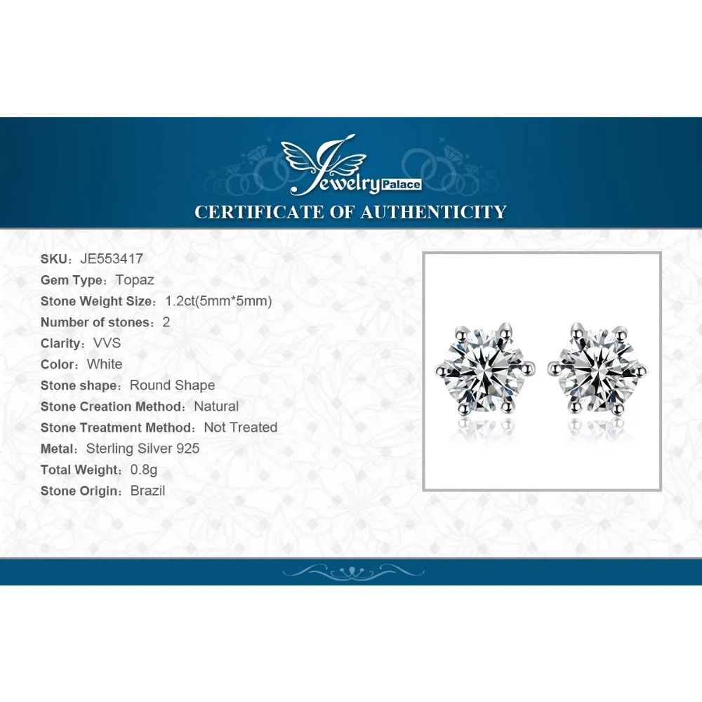 

JewelryPalace Genuine White Topaz Stud Earrings 925 Sterling Silver Earrings For Women Gemstones Korean Earings Fashion Jewelry