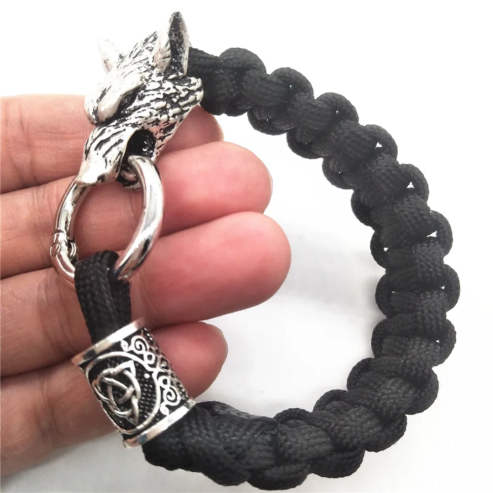 

Viking Wolf Trinity Runes Beads Jewelry Survival Paracord Rope Lanyard Bracelet Bangle Homme Accessoires