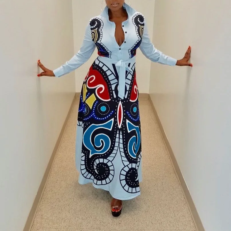 

african long sleeve turn-down collar butterfly print button-down white maxi dresses for women Streetwear Female Shirt Vestidos