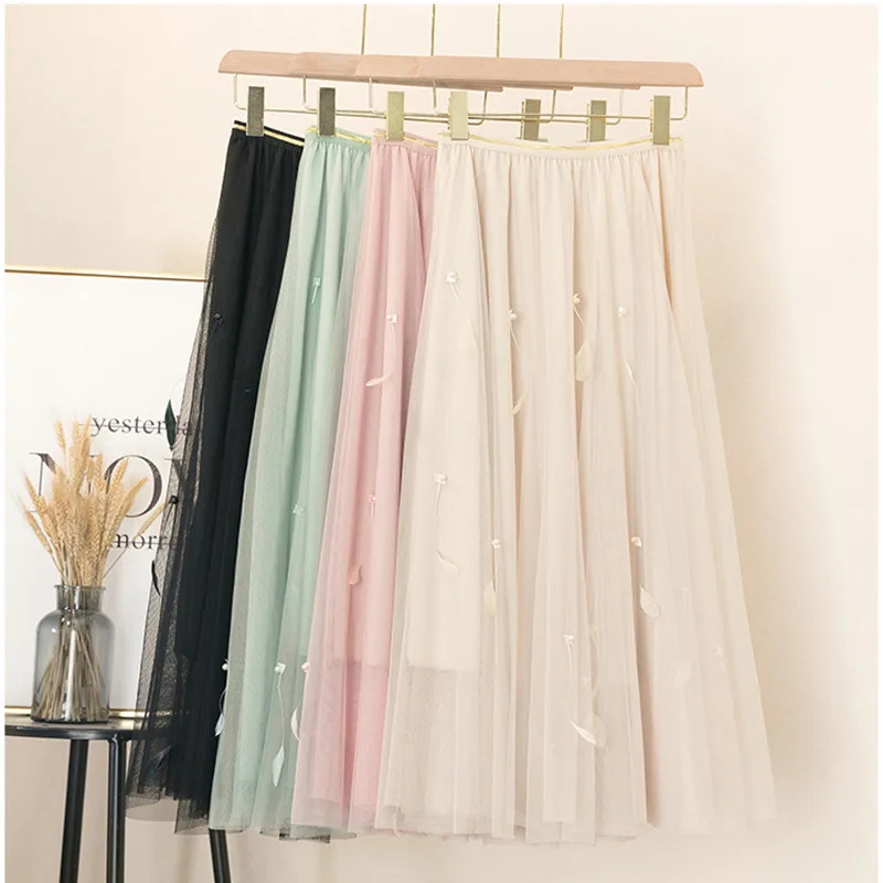 

Qooth Sweet Feather Beaded Skirt Korean Women's Fairy Mesh Skirt Female Autumn Summer High Waist Stitching A-Line Skirt QT533