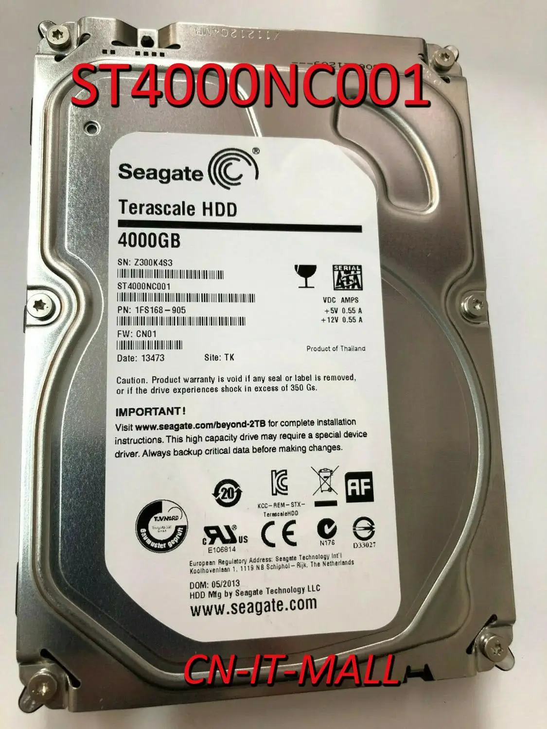 

Seagate ST4000NC001 4TB 5900 RPM 64MB Cache SATA 6.0Gb/s 3.5" Terascale Hard Drive