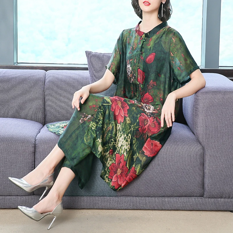 2019 Summer New Casual Silk Print Women Two Piece Set O Neck Button Long Shirt And Elastic Waist Wide Leg Pants Sets XL-6XL | Женская