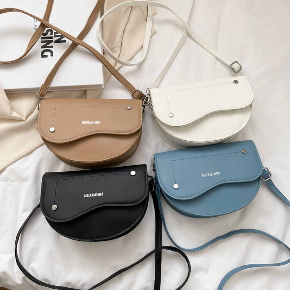 

Vintage Women Solid Color Semicircle Saddle Messenger Bag PU Leather Rivet Ladies Casual All-match Flap Shoulder Bag Bolsos Sac