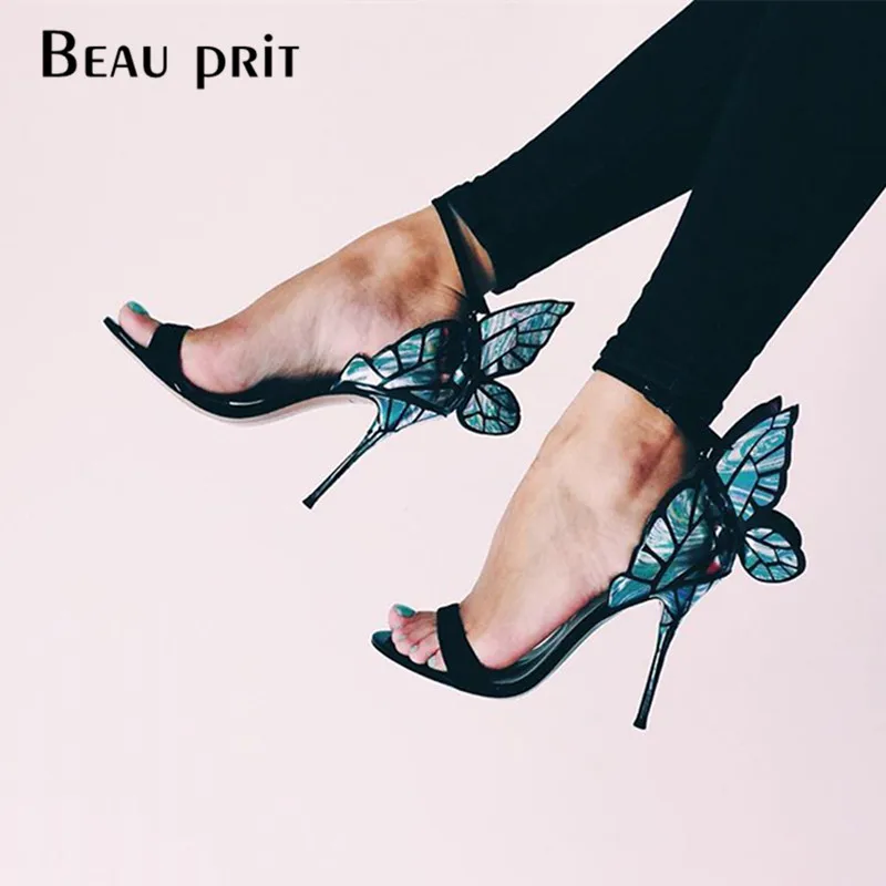 Туфли с металлическими бабочками женские босоножки на высоком каблуке свадебные