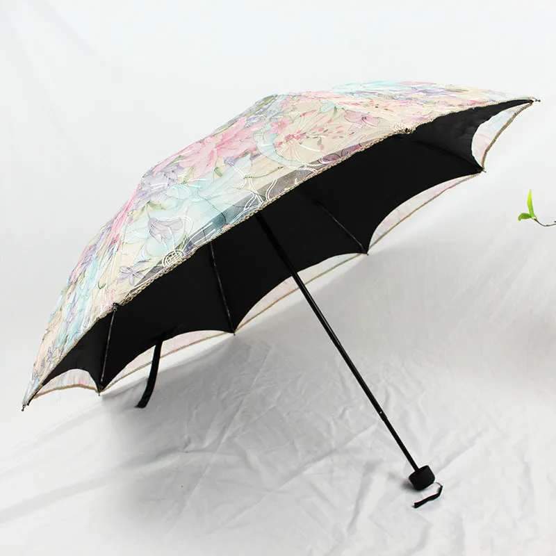 

2020 Exquisite Embroidery Lace Double Layers UV Umbrella For Women Small 3-Fold Rain Sun Umbrella For Female Excellent Parasol