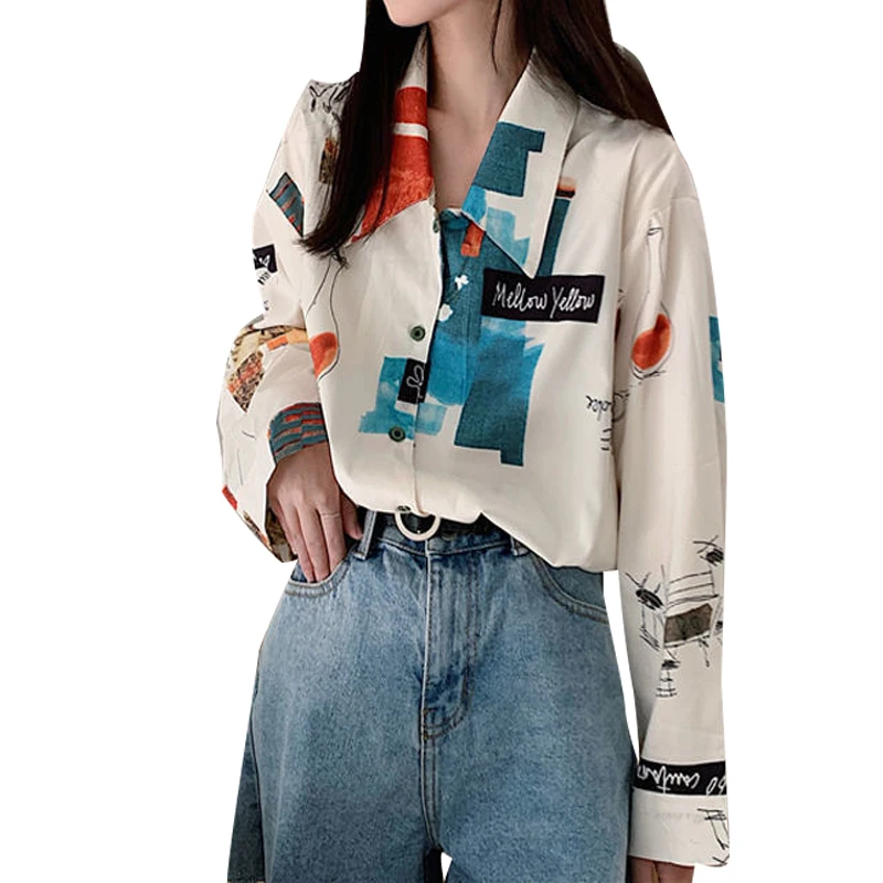 Женские шифоновые блузки на весну и осень рубашки с длинным рукавом принтом