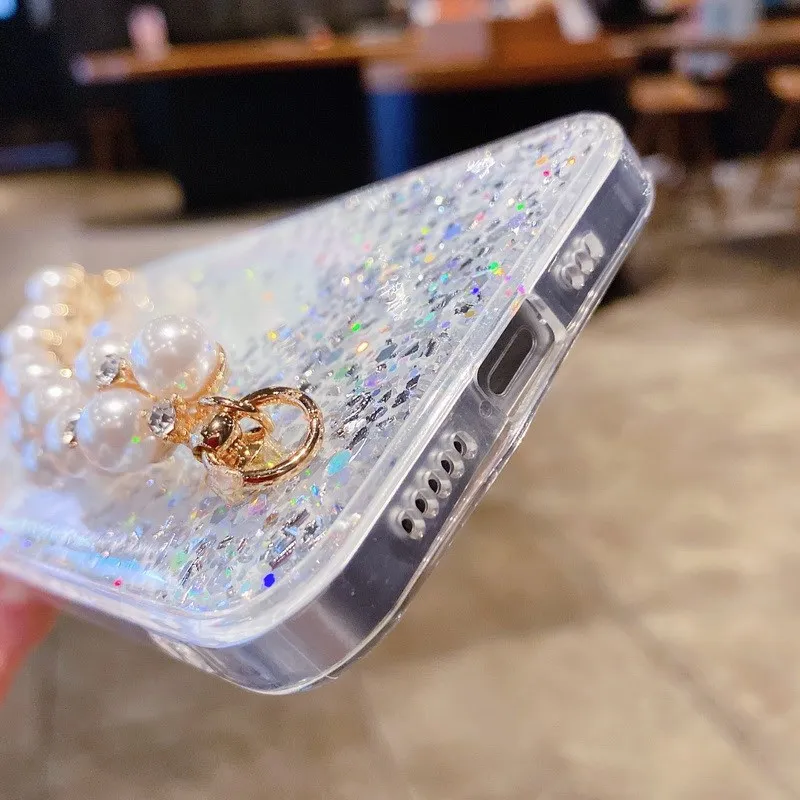 

Glitter Bling Clear Case Cover For iPhone 11 12 Pro XS Max XR X 7 8 Plus SE 2020 12 Mini Lens Protect With Pearl Bracelet