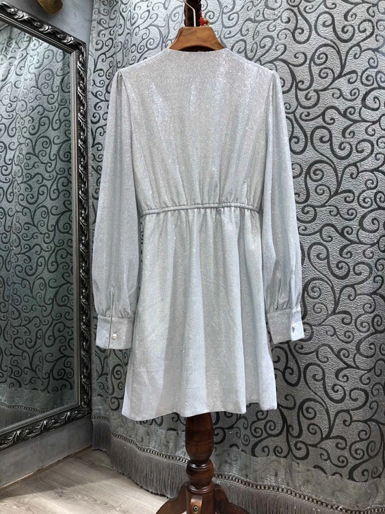 

2020 autumn and winter new women's V-neck waist diamond-embellished elastic waist long-sleeved A-line dress 1218