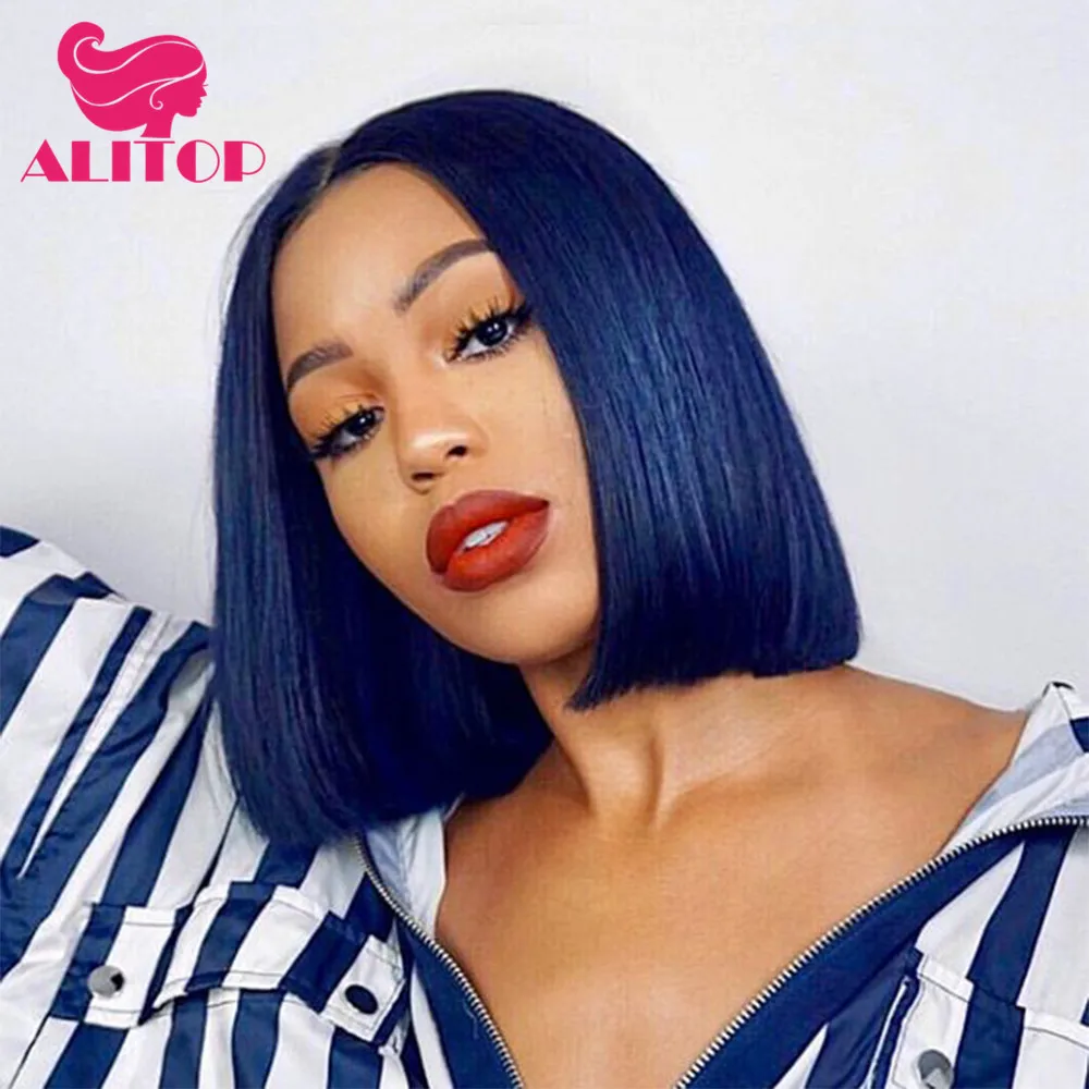 ALITOP синий Боб кружевные передние человеческие волосы парики бразильские Реми