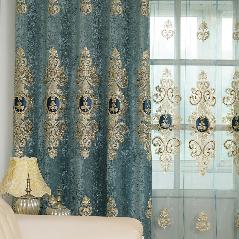 European Style Curtains for Living Room Bedroom Light Luxury Embroidered Chenille Curtain Door Window Drapes Blue Color