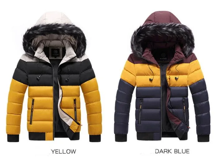 Fur Collar Coat Men's Winter Outdoor Warm Jacket Youth Hooded Jacket  Thick Warm Parka Splice Windproof Color Matching