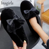 womens velvet flats 2021 autumn winter round toe ladies warm slip on loafers with bowknot home indoor female casual shoes