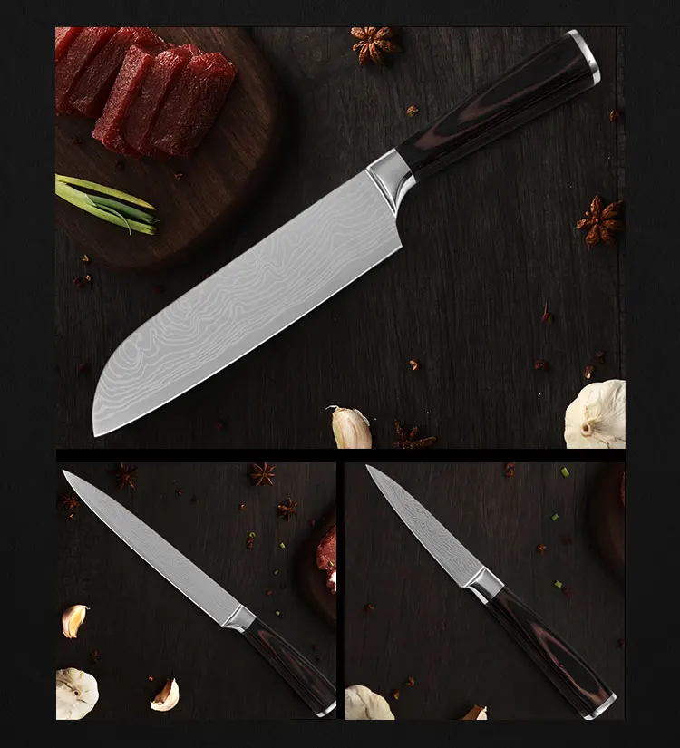 Набор ножей из нержавеющей стали Santoku 8 дюймов поварские ножи с ножками дамасский узор Кухонные гаджеты Инструменты Посуда Ножи держатель