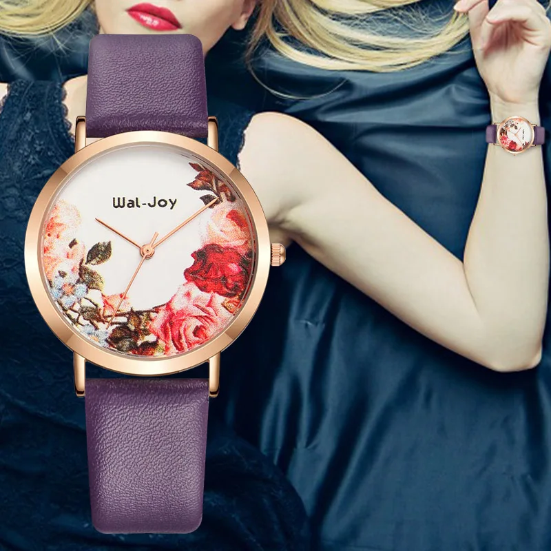 

WJ-9017, Wal-Joy, цветок, элегантные женские часы, платье, кварцевые наручные часы для женщин, кожаный ремешок, классические часы, часы, простая Мода