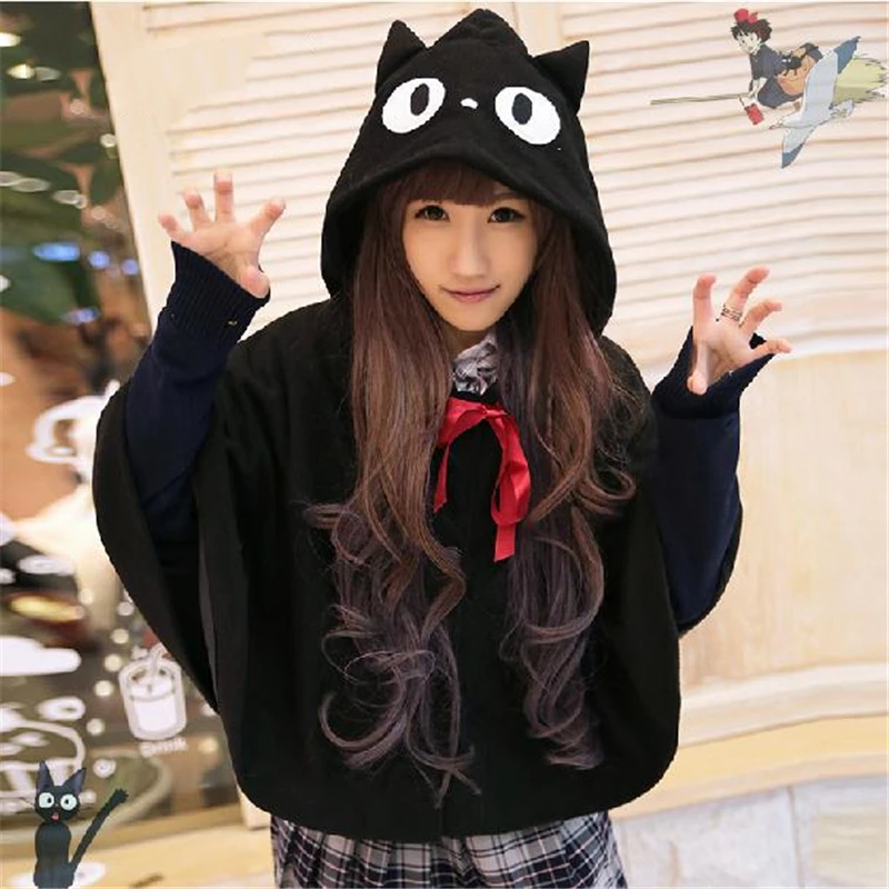 

New Free Shipping Japan Hayao Miyazaki Cartoon Kiki's Delivery Service Cosplay Hooded Hoodie Kiki Black Cloak Jacket COS Coat