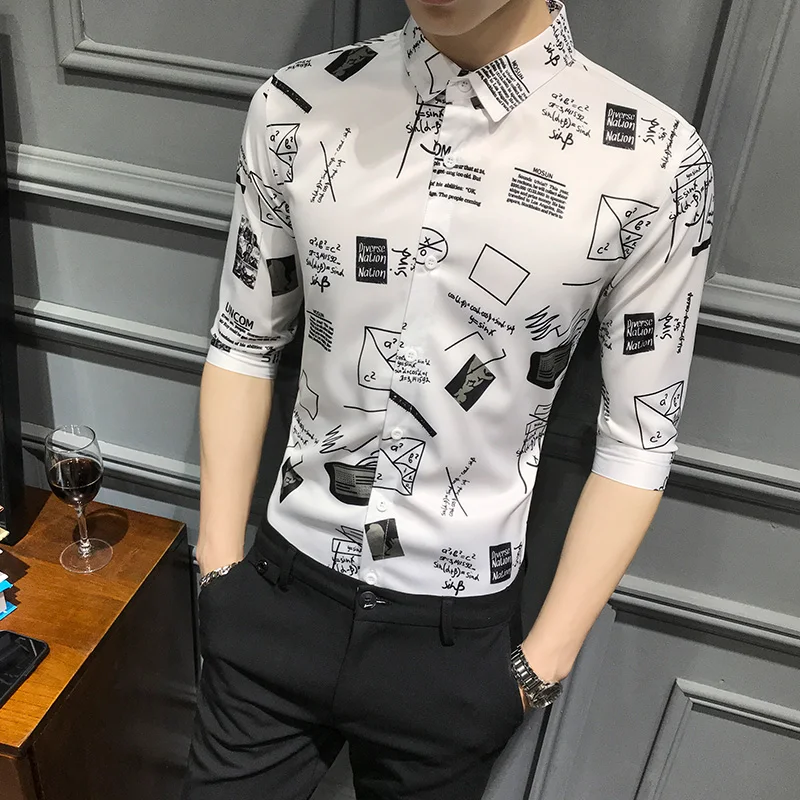

New Mathematical Formula Geometric Print Men's Three-Quarter Sleeve Shirt Social Guy Internet Celebrity Half Sleeve Shirt