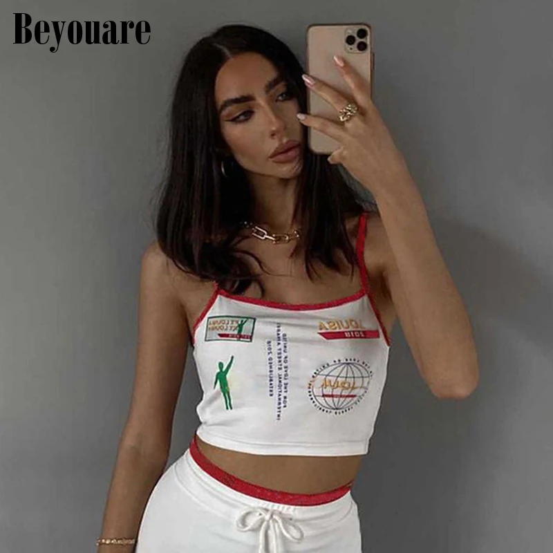 

Beyouare Sport Style Panelled Letter Print Tank Women Camis Crop Top Slim Sling Sleeveless Base Vest 2021 Summer Sexy Streetwear