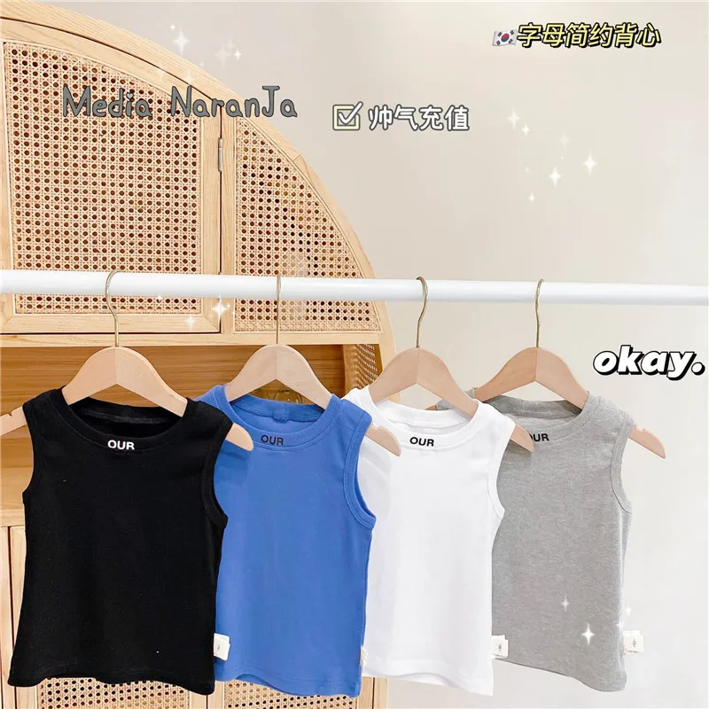 

Лето 2021, новинка, модный однотонный детский жилет в Корейском стиле для мальчиков, простая футболка