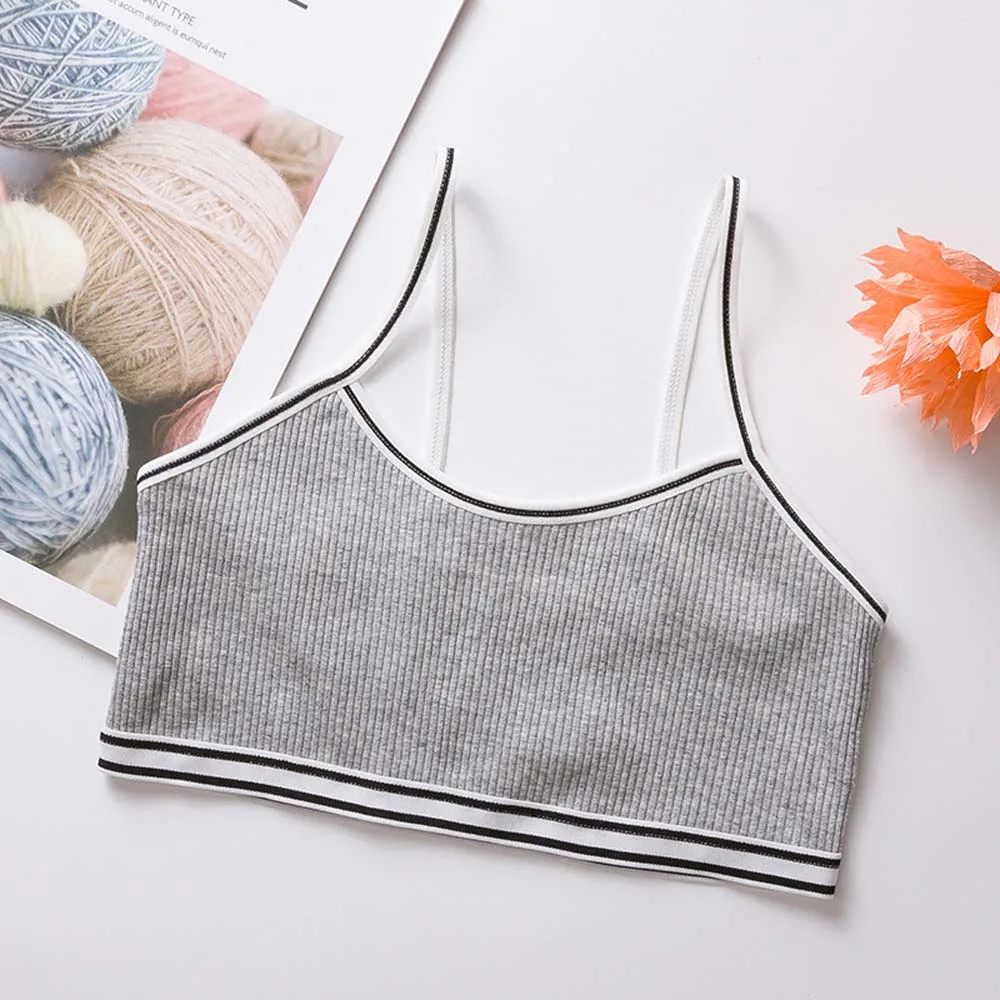 1PC Teenage Puberty Girl Sweet Candy Color Bra Underwear Striped Patchwork Thread Ribbed Wireless Bralette Vest - Цвет: Grey