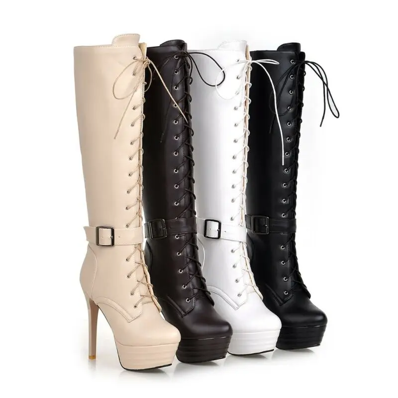 

Womens Platform Lace Up Boots High Heel Stiletto Gothic Knee High Knight Boots