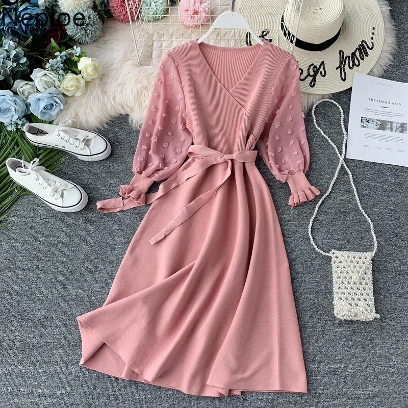 Женское платье с v-образным вырезом и объемными цветами Сетчатое лоскутное