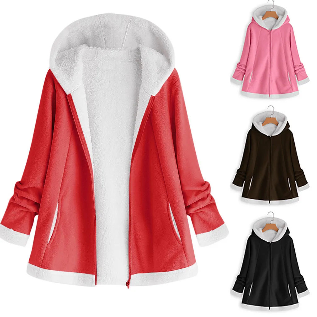 

Women's Fashion Winter Pocket Coat Zipper Long Sleeve Plush Hoodie Coat Ladies hooded plush jacket manteau femme hiver New