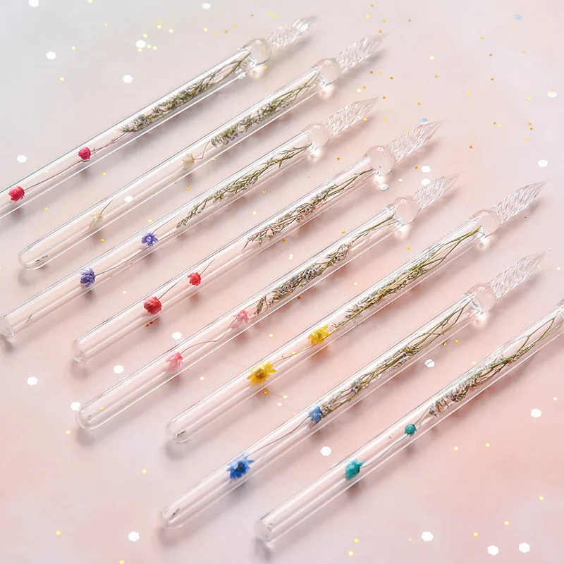 Стеклянная перьевая ручка в эстетике прозрачная форме цветка для письма подарок