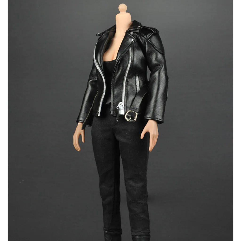 Масштаб 1/6 женская одежда черная куртка из искусственной кожи брюки жилет