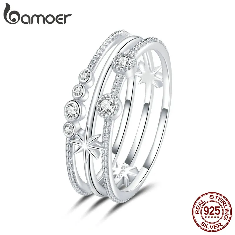 

bamoer 925 Sterling Silver CZ Shining Star Finger Rings for Women CZ woman wedding ring Size Korean Style fine Jewelry BSR156