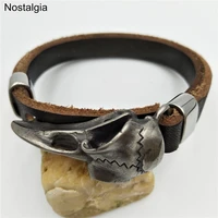 viking raven stainless steel skull jewelry genuine leather cuff bracelet bangels women brazalete vikingo accessories dropship